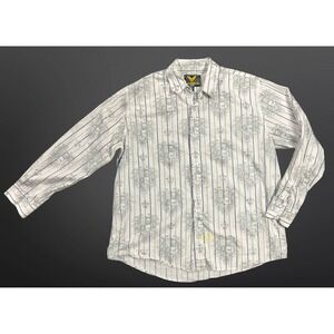 AVIREX Men 3XL White Glitter Skull Crest Striped Long Sleeve Button Up Shirt Y2K